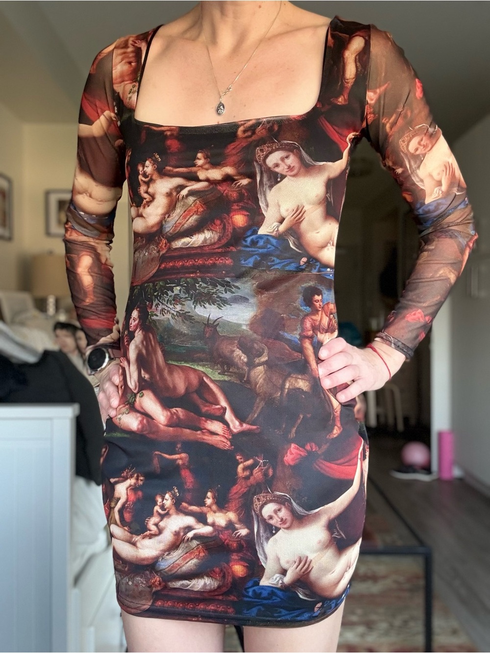PrettyLittleThing Renaissance Print Long Sleeve Mesh Mini Dress US 8 NWT